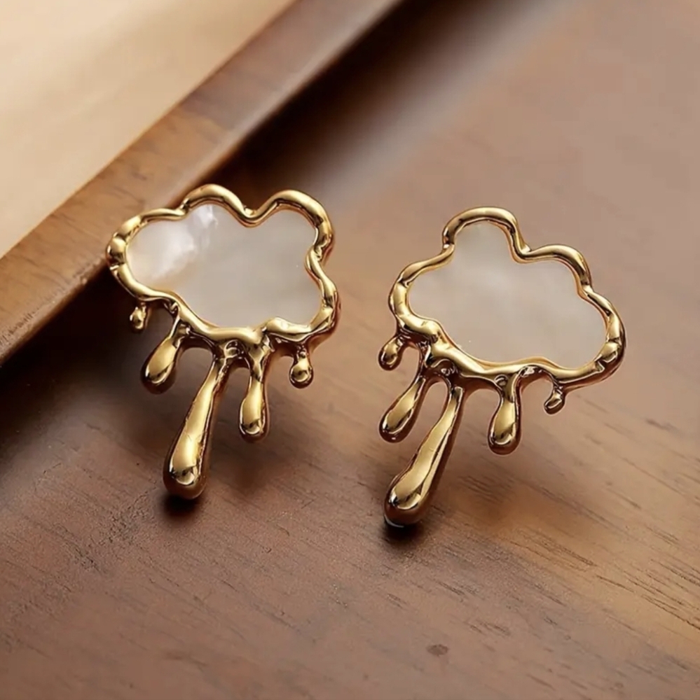 18K Gold Plated Mother Of Pearl White Cloud Rain Melting Liquid Stud Earrings